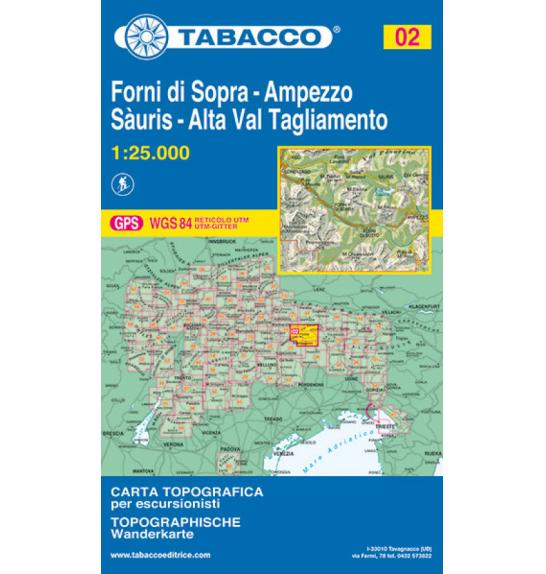 Zemljevid Tabacco 02 Forni di Sopra, Ampezzo, Sàuris, Alta Val Tagliamento