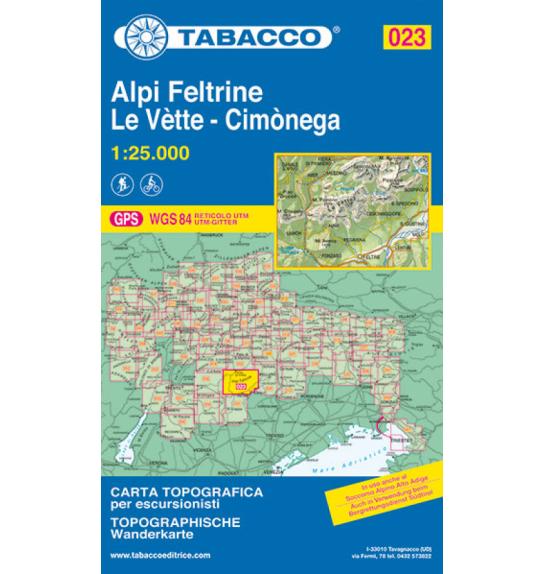 Zemljevid Tabacco 023 Alpi Feltrine, le Vette, Cimonega