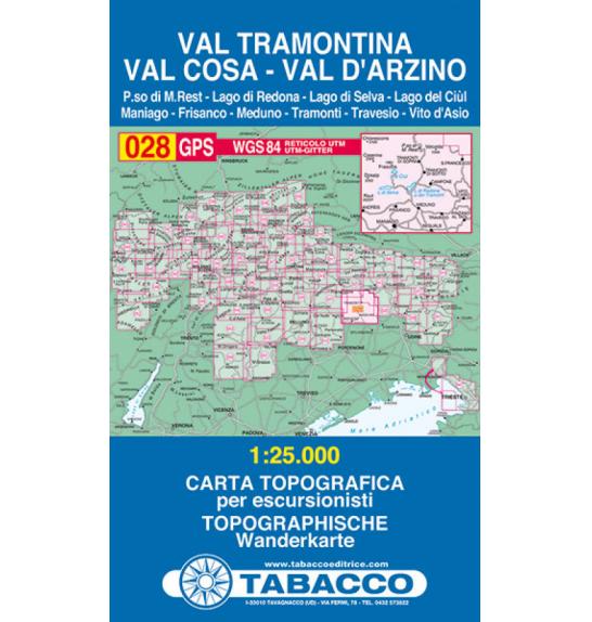 Zemljovid Tabacco 028 Val Tramontina, Val Cosa, Val d'Arzino