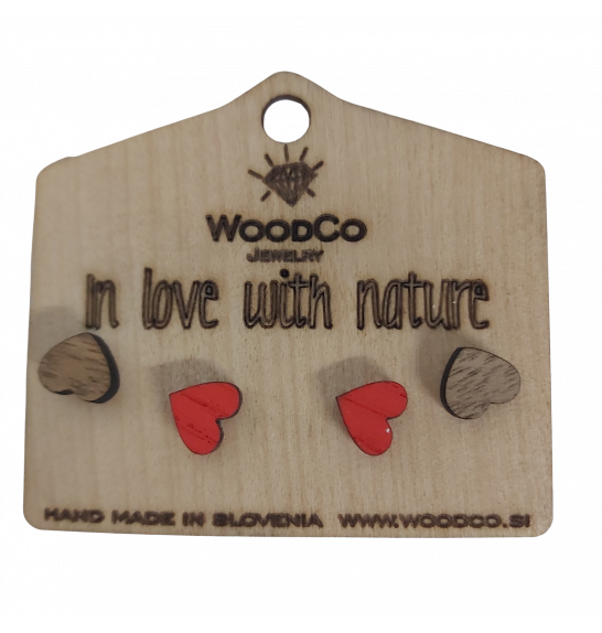 Leseni uhani WoodCo Srček rdeč + natur