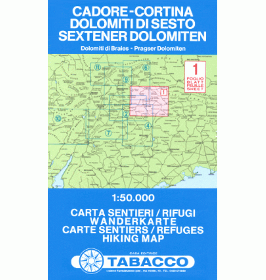 Zemljevid Tabacco 01 Cadore, Cortina, Dolomiti di Sesto 1:50.000